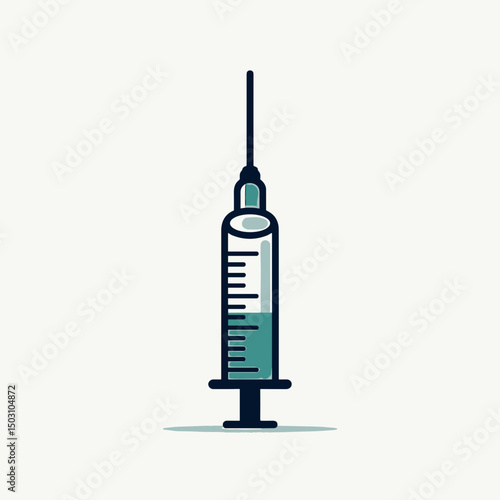 Syringe filled with liquid, in flat design, for medical use, with copy space