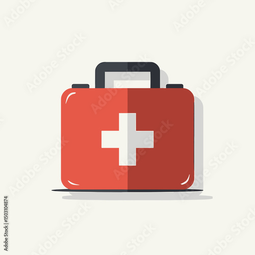 Red first aid kit with white cross on light background, for medical use