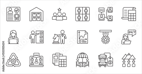 Business company and Management icon set. Contains symbol of teamwork, target, market, global, success, customer service, leadership, holiday, asset, meeting, entrepreneur. Vector illustration