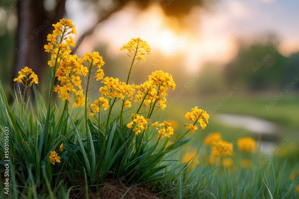 Obraz premium Golden Sunset Blooms: Vibrant Yellow Flowers in a Serene Meadow