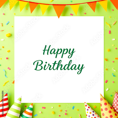 Happy birthday photocall frame with colorful hats and confetti.