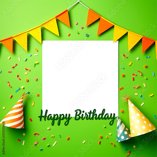 Birthday photocall frame with party hats and confetti on green background.