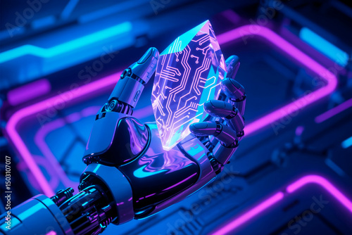 Futuristic Robot Hand Holding a Glowing Crystal with Circuit Design