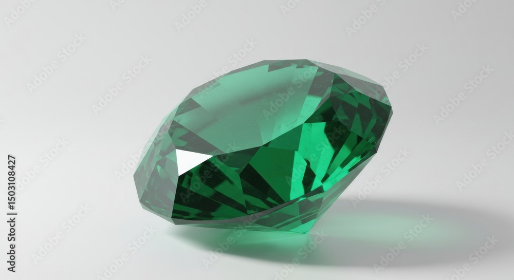 Fototapeta premium Shiny Green Jewel on White Surface Sparkling Facets