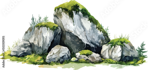  Game Asset Watercolor Mossy Rock