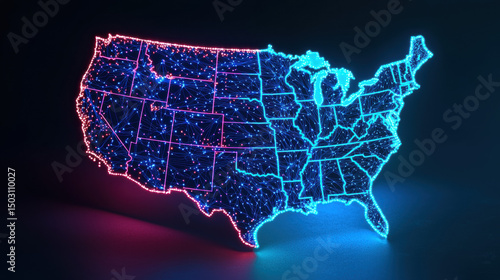 Glowing map of United States with digital pulse lines, neon blue and pink, technology, network, modern, energetic, futuristic