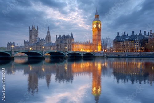 London's Iconic Houses of Parliament: Serene Twilight Reflection