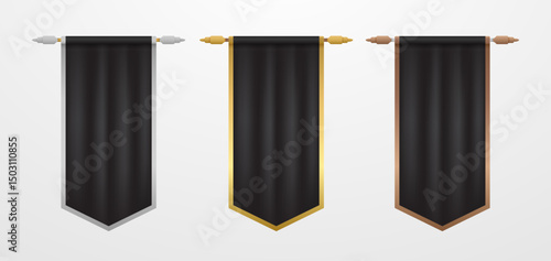 Black flags with gold outline. Luxury royal pennant or banner icon set