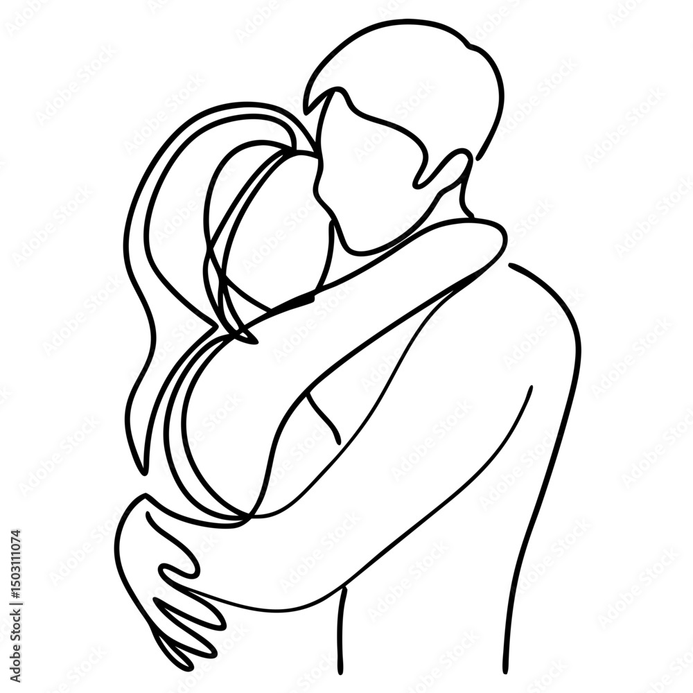 Obraz premium Couple embracing, line art illustration, black and white, for romantic designs