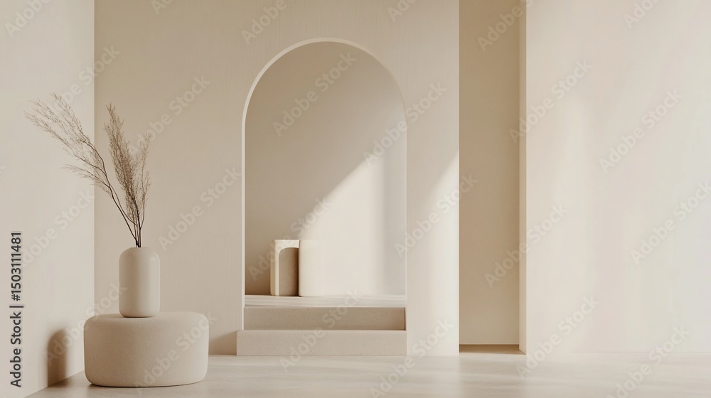 Minimalist Beige Interior Design with Archway and Dried Flowers Minimalist Beige Interior Design with Archway and Dried Flowers