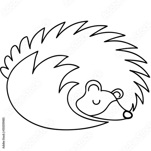 Sleeping hedgehog illustration, line art style, black and white, for children's books