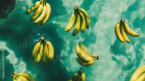 Fresh ripe bananas floating in turquoise water with sun reflections, surreal tropical concept with vibrant summer aesthetics

