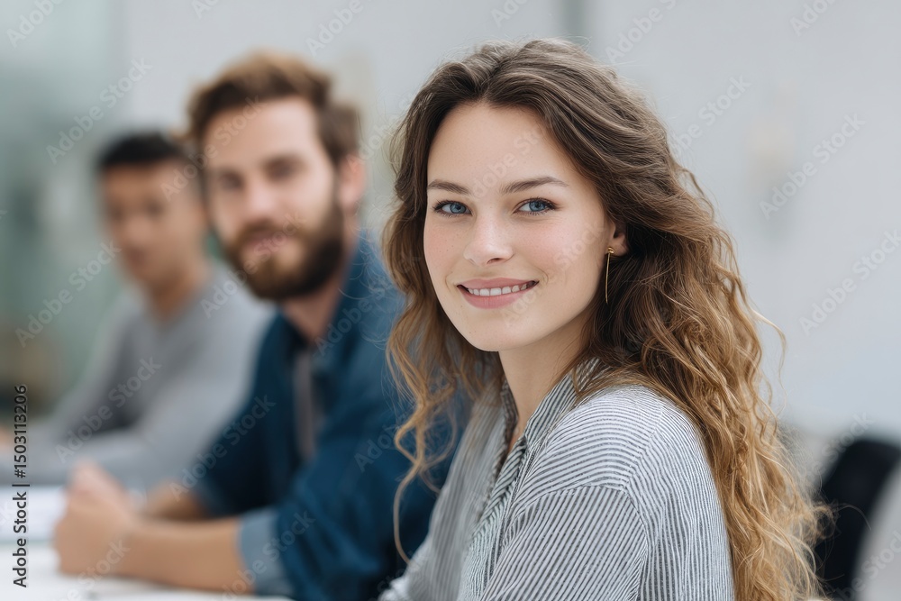 Smiling Woman with Colleagues: A Natural Portrait Smiling Woman with Colleagues: A Natural Portrait