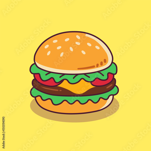 Big mac with cheese on a light background. Delicious cutlet in a bun with sesame seeds and herbs. Sandwich, fast food, quick bite. Modern vector illustration.
