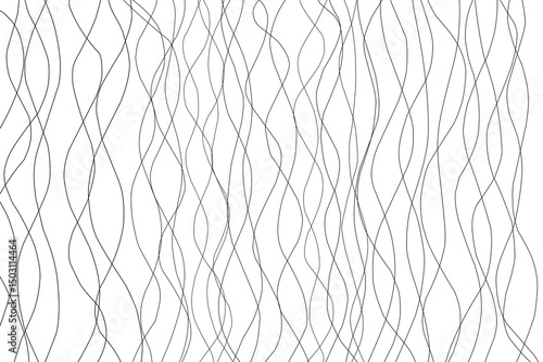 A seamless abstract pattern made of thin, wavy black lines on a white background. This minimalist and modern design is suitable for use in textile printing, wallpapers, backgrounds, packaging