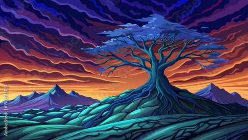 Majestic Mountain Range Night Sky Landscape vector with Lone Tree illustration