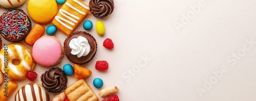 Colorful sweet snacks, cookies, donuts, cupcakes, and candies arranged on light background, creating festive and joyful mood