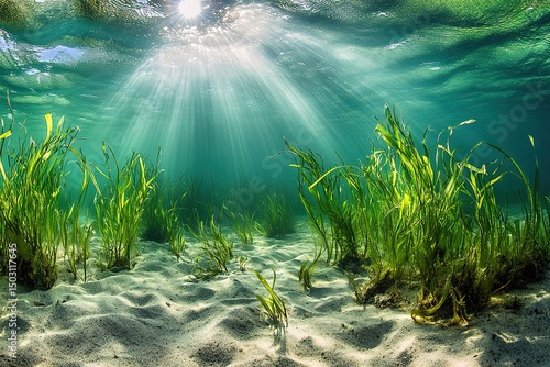 Sun rays penetrate turquoise ocean illuminating vibrant green sea grass in the sandy seabed