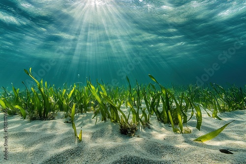 Sunlight dances through tranquil waters, illuminating lush green seagrass swaying gently on the sandy seabed