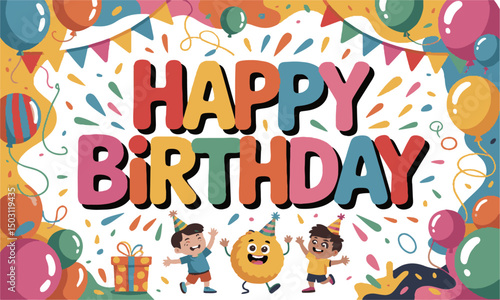 A colorful 'Happy Birthday' text in a playful modern vector cartoon style with bold, easily scalable and editable.