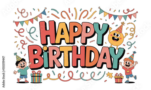 A colorful 'Happy Birthday' text in a playful modern vector cartoon style with bold, easily scalable and editable.