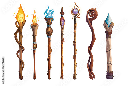 Magic wizard sticks. Magical staff, wizard weapon and shaman wands cartoon fantasy game assets isolated vector illustration set of stick wizard isolated, wand fantasy magician halloween.