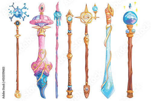 Magic wizard sticks. Magical staff, wizard weapon and shaman wands cartoon fantasy game assets isolated vector illustration set of stick wizard isolated, wand fantasy magician halloween.
