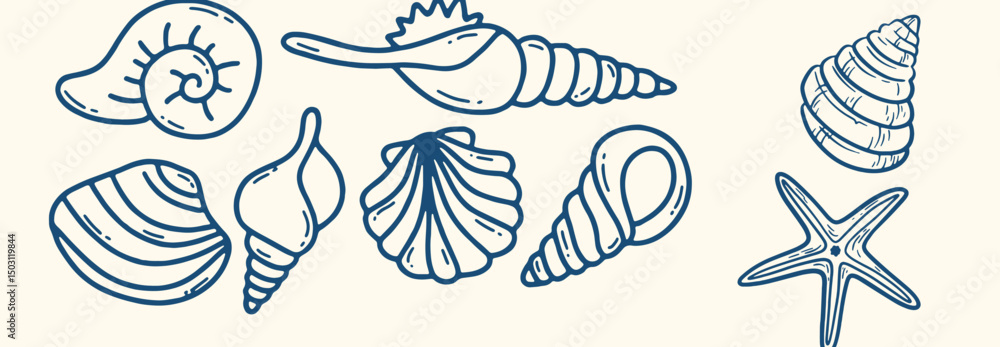 Set of hand drawn seashells drawing ink. Minimalist line art. Summer vacation design elements for trendy prints, label, menu cover. Tropical beach shells. Vector flat illustration. Set of hand drawn seashells drawing ink. Minimalist line art. Summer vacation design elements for trendy prints, label, menu cover. Tropical beach shells. Vector flat illustration.