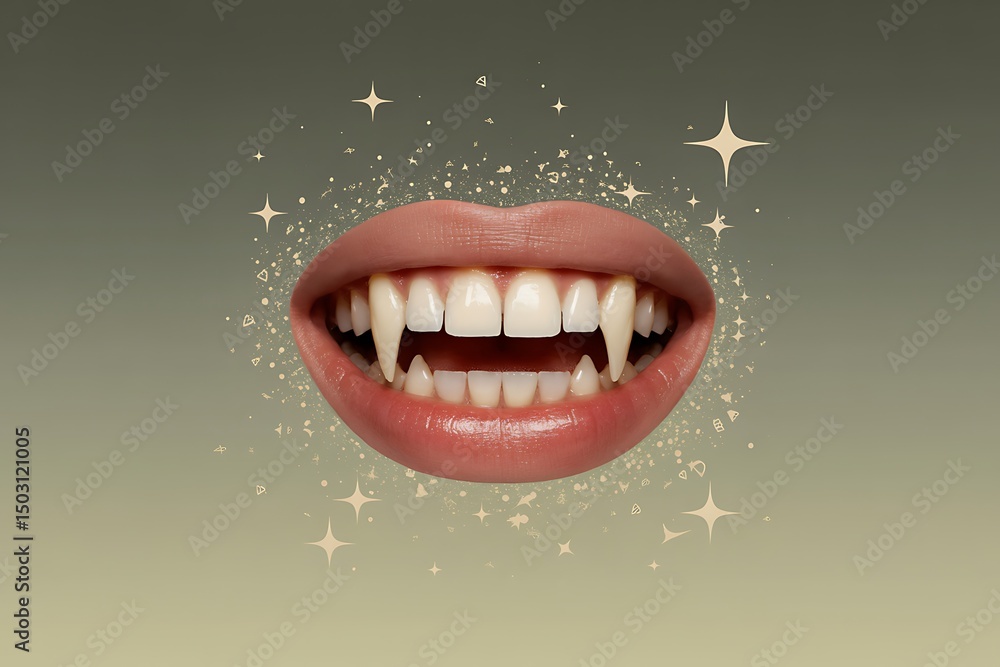 Naklejka premium Glamorous Vampire Fangs with Sparkling Accents in a Modern Surreal Composition