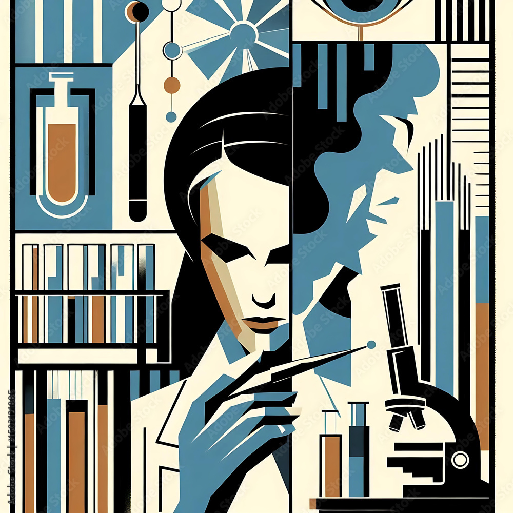 Obraz premium Retro-Futuristic Vector Illustration of a Female Scientist Working in a Laboratory with Microscope and Test Tubes, Surrounded by Futuristic Scientific Graphics and Molecular Data Visualization