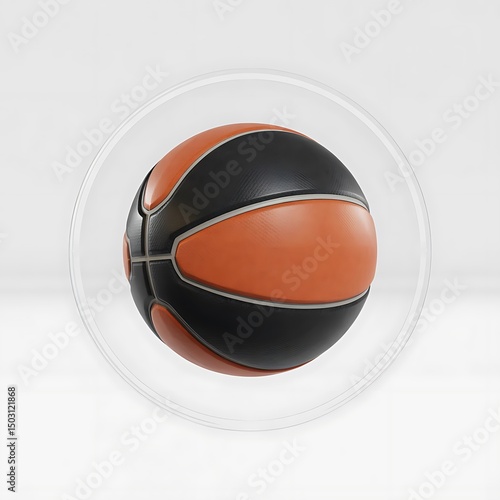 Close view displays orange and black basketball within transparent round casing on white background