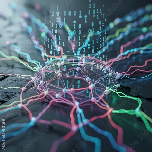 Futuristic network nodes transmit data, connected by colorful wires; binary code streams down