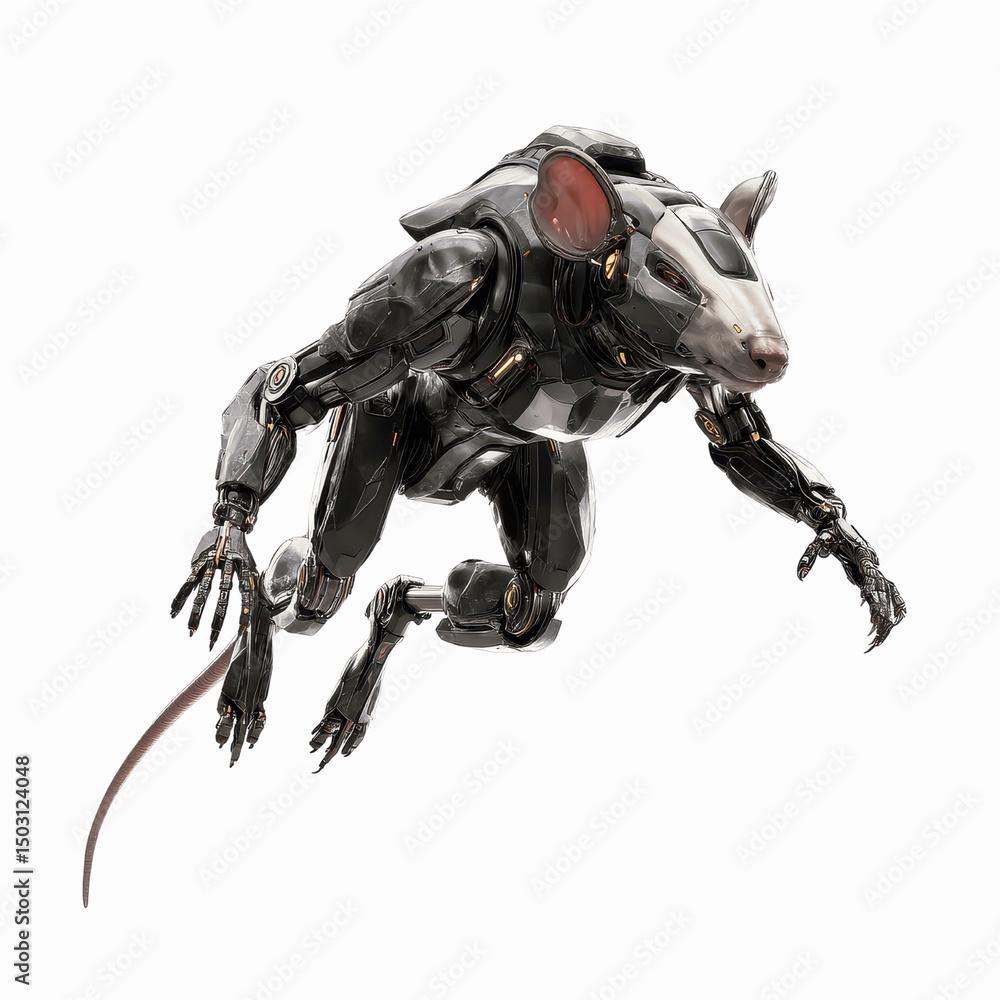 Obraz premium Futuristic Robotic Rat Leaping Through Purple Digital Space