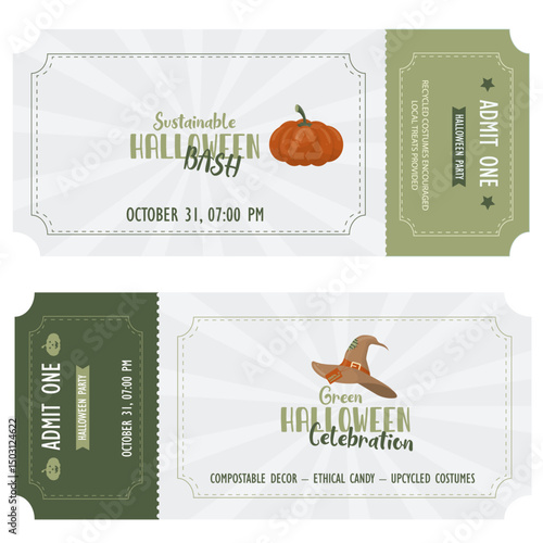 Sustainable Halloween Party Invitation Ticket Design Template. Eco-friendly Halloween celebration invitation tickets. Eco halloween ticket set. Sustainable halloween. Flat style. Vector illustration
