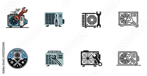 set of hvac repair icons, vector illustrations for air conditioner and climate control system service
