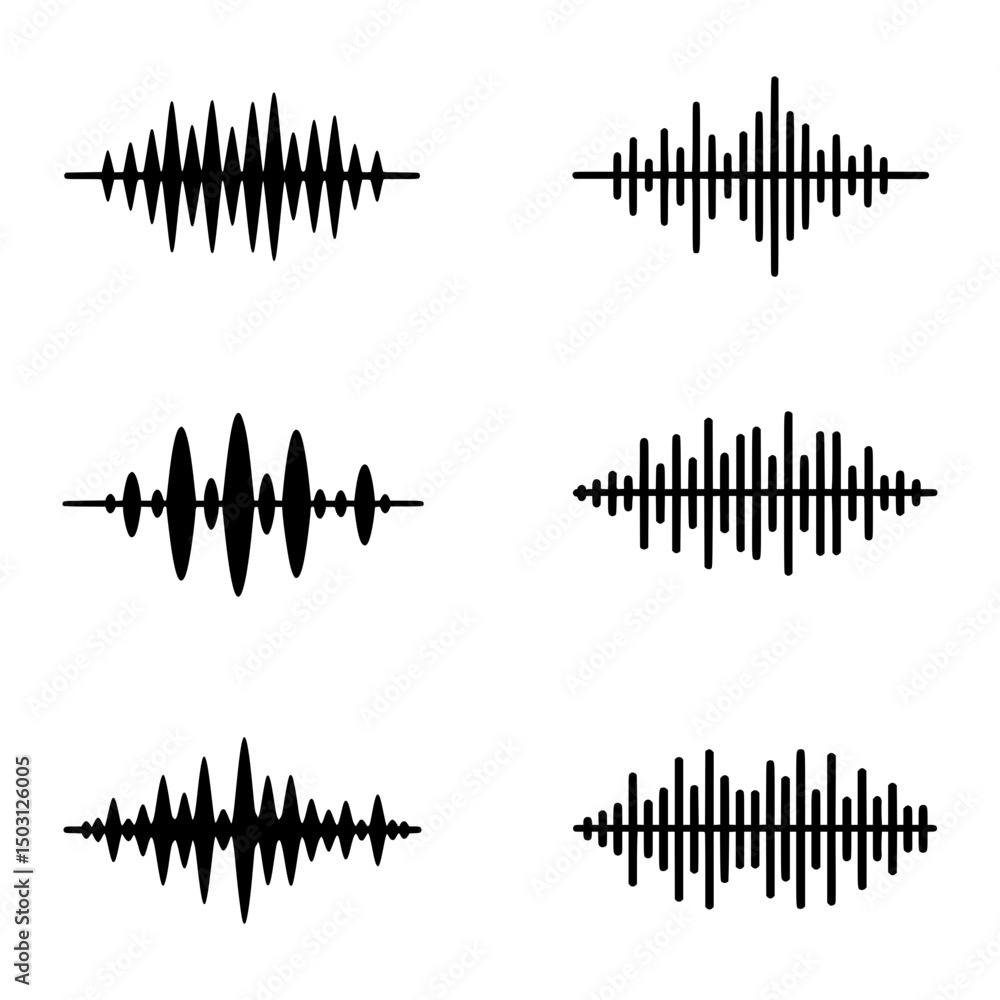 Set of Black Sound Wave Icons Representing Audio Signals, Frequency, and Sound Visualization Set of Black Sound Wave Icons Representing Audio Signals, Frequency, and Sound Visualization