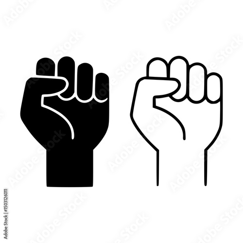 Pair of Black Raised Fist Icons Symbolizing Protest, Solidarity, Empowerment, and Resistance in Solid and Outline Styles