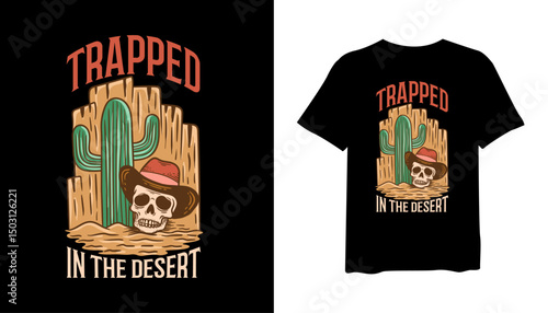 Trapped in the desert design illustration for t-shirt design, and for cowboy t-shirt, western retro. Desert adventure t-shirt design. western vintage print design for t shirt