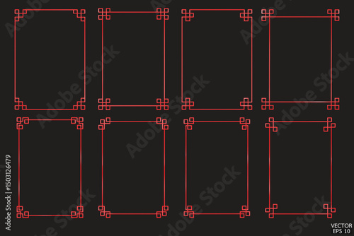 Simple red geometric frames are isolated on white background. Luxury red borders for invitations, luxury templates, and decorative patterns. Chinese border design. 3D vector illustration.