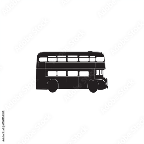 black double decker retro bus, side view, black and white graphic on white background, vector
