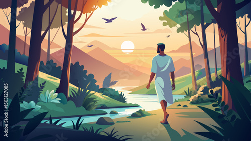 Rishi Munis is walking barefoot in a dense forest at sunrise