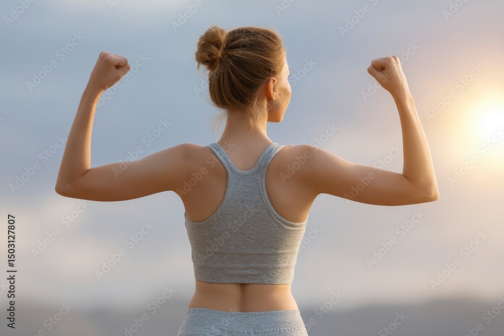 Strong Woman: Back Pose, Sunset, Fitness, Athletic Strong Woman: Back Pose, Sunset, Fitness, Athletic