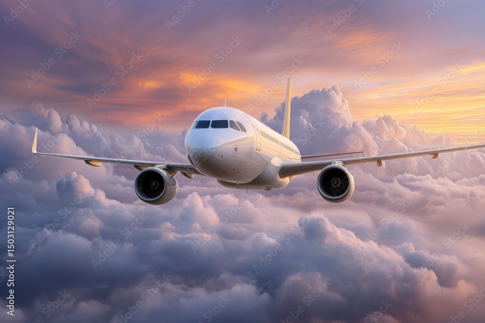 Fototapeta premium Airliner Above Cloudscape: Serene Sunset Flight
