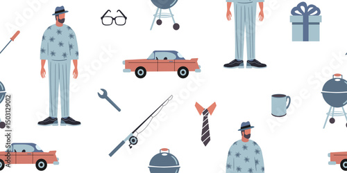 seamless father's day pattern with dad car fishing rod tools grill gift glasses tie mug on white background flat illustration