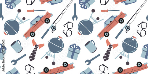 seamless father's day pattern dad car fishing rod tools grill gift glasses tie mug white background flat simple illustration