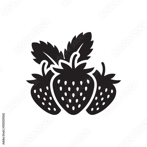 Strawberry Vector Icon Flat Black Silhouette on White Background.