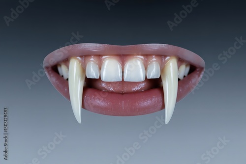 Close up of menacing vampire fangs with realistic mouth and teeth