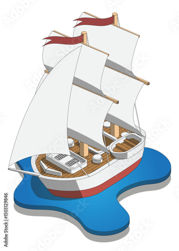 Sailing ship. Isometric. Isolated on white background. Vector illustration.