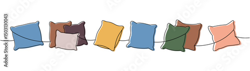 Set of fluffy pillows one line colored continuous drawing. Comfortable pillows for sleep. Vector illustration.