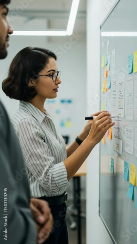 A young woman with short brown hair, wearing glasses and a striped shirt, annotates UX design sketches on a whiteboard during a collaborative work session in a modern office.